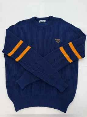 VNTG Brandon WEST VIRGINIA MOUNTAINEERS WVU Navy Gold Varsity Knit Sweater (XL)